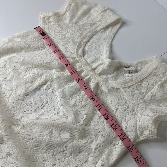 Studio Y Mesh Floral Sheer Top Sz S Keyhole Back Puff Sleeve Feminine Coquette - Picture 11 of 13